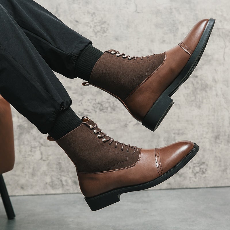 Business Leather Boots Men'S Plus Size Fashion Stitching Cowboy Boots British Solid Color Casual High-Top Ankle Boots - Image 5