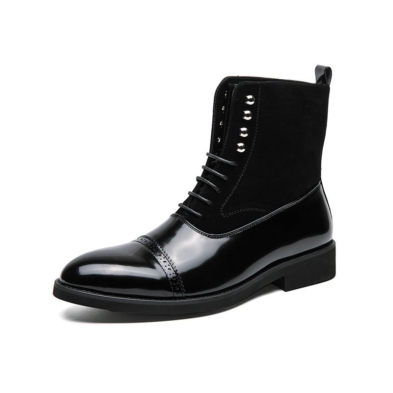Business Leather Boots Men'S Plus Size Fashion Stitching Cowboy Boots British Solid Color Casual High-Top Ankle Boots - Image 1