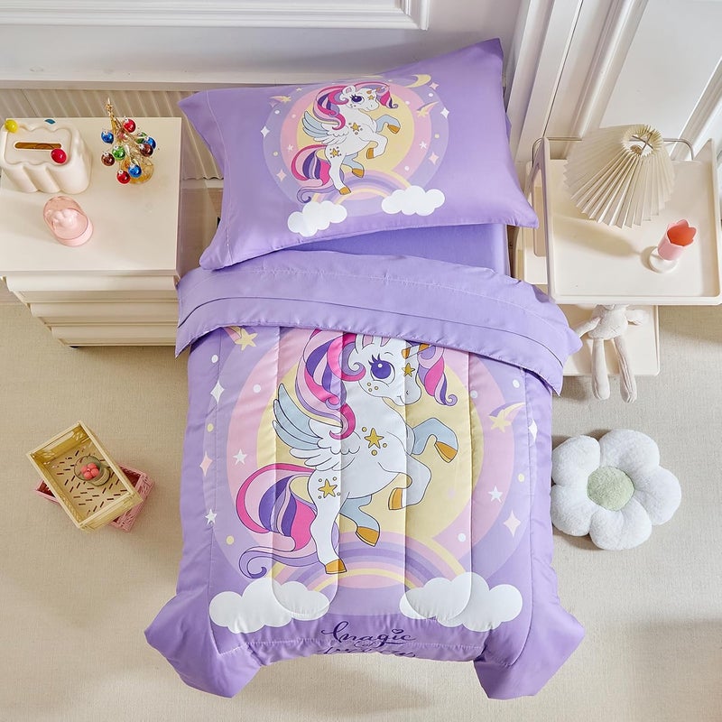 Uozzi Bedding 4 Pieces Purple Unicorn Toddler Bedding Set for Girls  Cartoon Stars Rainbow Print Cute Princess Bed in a Bag  Comforter Fitted Sheet Flat Sheet Pillowcase - Image 1