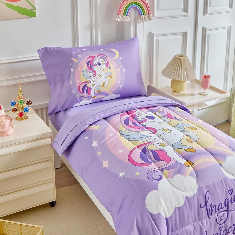Uozzi Bedding 4 Pieces Purple Unicorn Toddler Bedding Set for Girls  Cartoon Stars Rainbow Print Cute Princess Bed in a Bag  Comforter Fitted Sheet Flat Sheet Pillowcase - Image 3