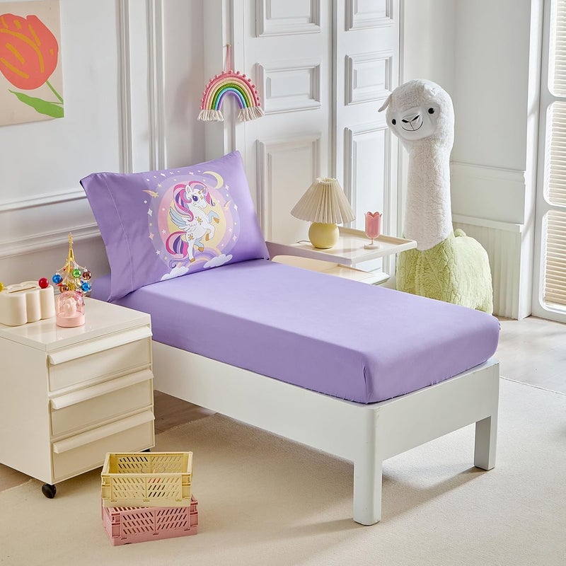 Uozzi Bedding 4 Pieces Purple Unicorn Toddler Bedding Set for Girls  Cartoon Stars Rainbow Print Cute Princess Bed in a Bag  Comforter Fitted Sheet Flat Sheet Pillowcase - Image 5