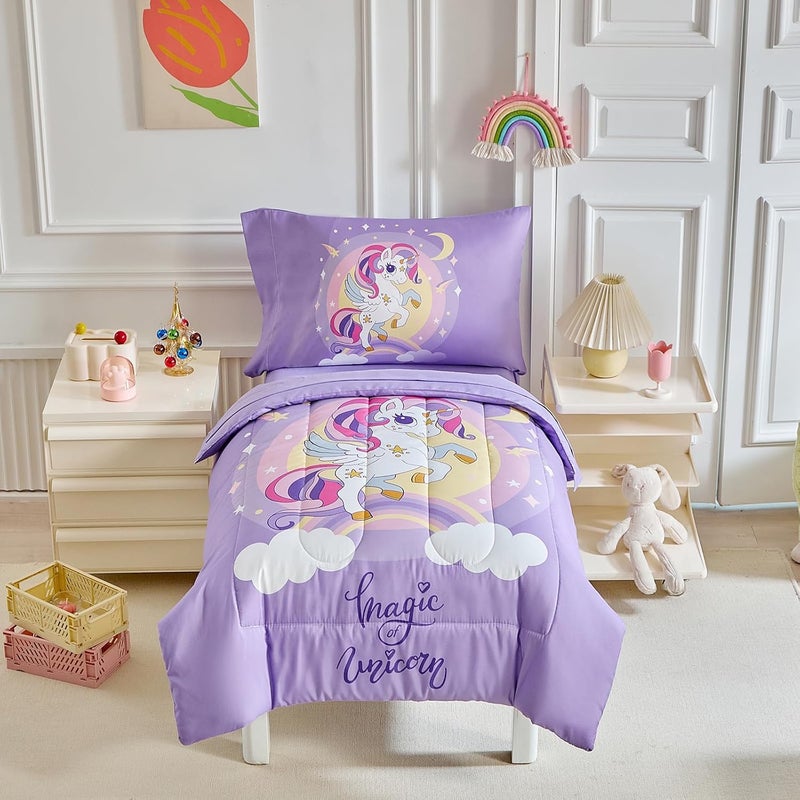Uozzi Bedding 4 Pieces Purple Unicorn Toddler Bedding Set for Girls  Cartoon Stars Rainbow Print Cute Princess Bed in a Bag  Comforter Fitted Sheet Flat Sheet Pillowcase - Image 2