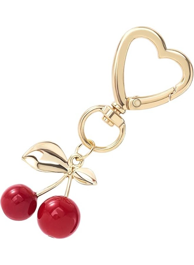 مفتاح كرز لطيف، إكسسوارات جمالية حمراء للحقيبة، إكسسوارات مفتاح كawaii على شكل قلب، ديكور لحقيبة اليد، هدايا للنساء والفتيات (كرز أحمر على شكل قلب) - Image 1