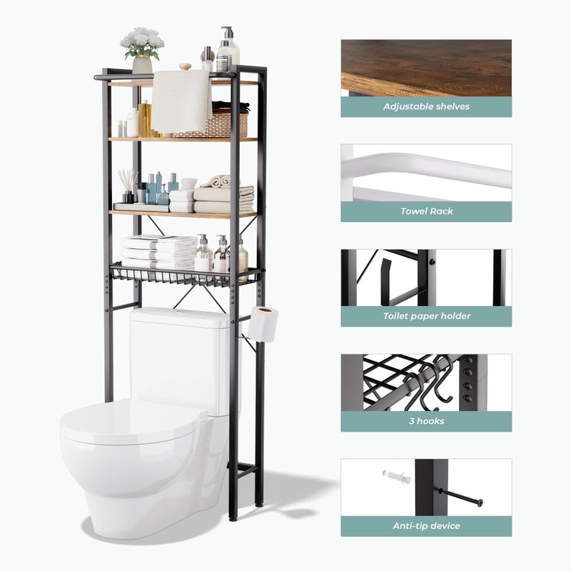 GRUSIGN Over-The-Toilet Storage Shelf, 4-Tier Bathroom Organizer Shelf, Freestanding Space Saver Shelves Over Toilet with Adjustable Shelf for Bathroom, Brown - Image 3