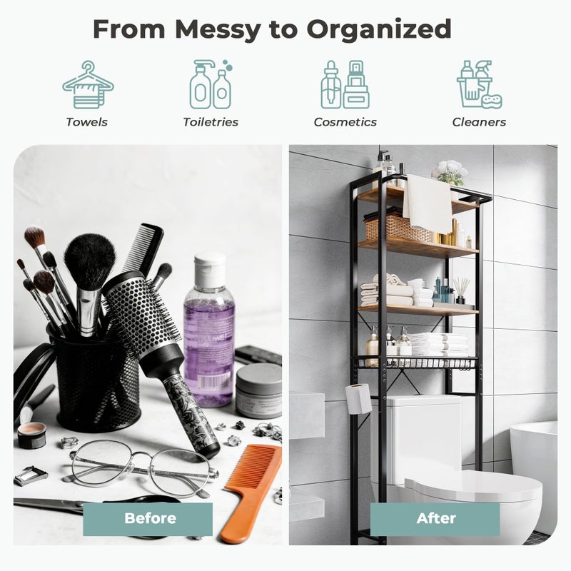 GRUSIGN Over-The-Toilet Storage Shelf, 4-Tier Bathroom Organizer Shelf, Freestanding Space Saver Shelves Over Toilet with Adjustable Shelf for Bathroom, Brown - Image 4