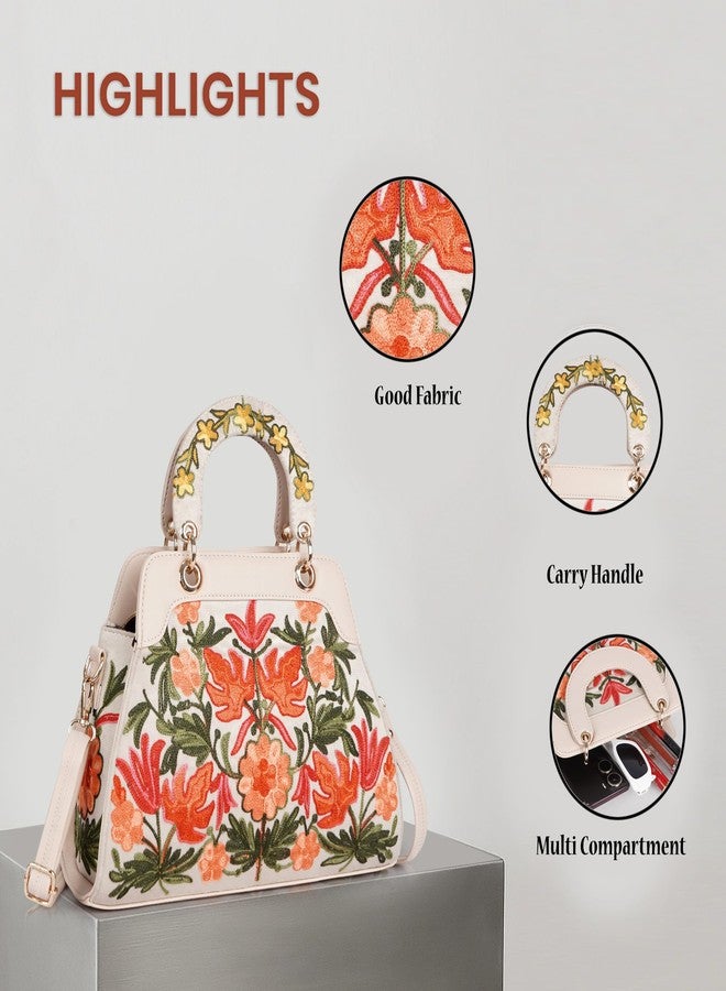 EVEDA Embroidered Floral Handbag, Beige and Yellow,Black, Multi Compartment, Carry Handle with Shoulder Strap, (Beige) - Image 3