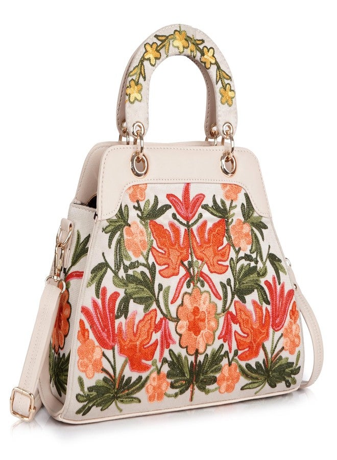 EVEDA Embroidered Floral Handbag, Beige and Yellow,Black, Multi Compartment, Carry Handle with Shoulder Strap, (Beige) - Image 1