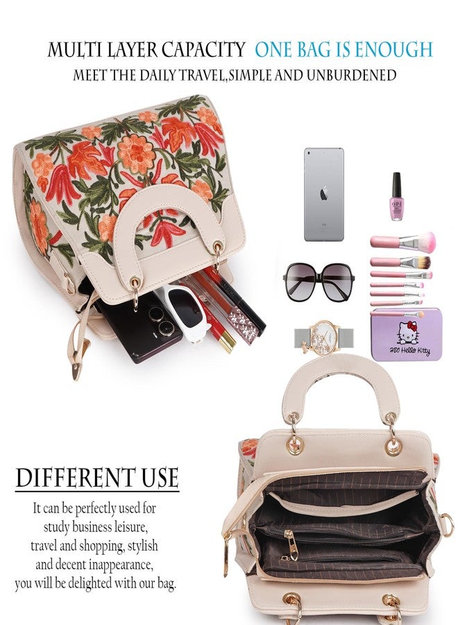 EVEDA Embroidered Floral Handbag, Beige and Yellow,Black, Multi Compartment, Carry Handle with Shoulder Strap, (Beige) - Image 5