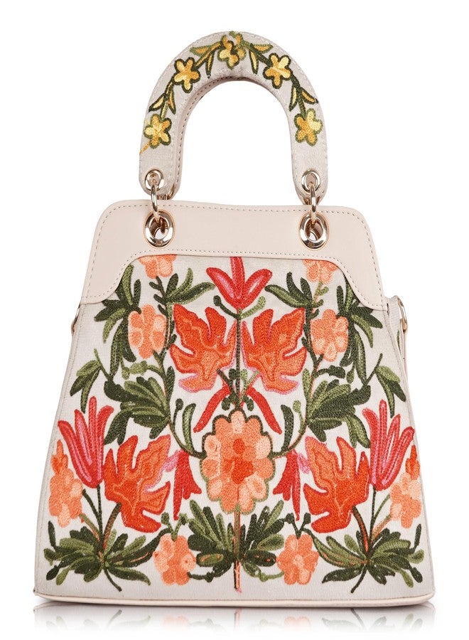 EVEDA Embroidered Floral Handbag, Beige and Yellow,Black, Multi Compartment, Carry Handle with Shoulder Strap, (Beige) - Image 2