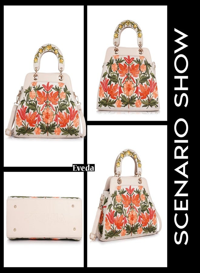 EVEDA Embroidered Floral Handbag, Beige and Yellow,Black, Multi Compartment, Carry Handle with Shoulder Strap, (Beige) - Image 4
