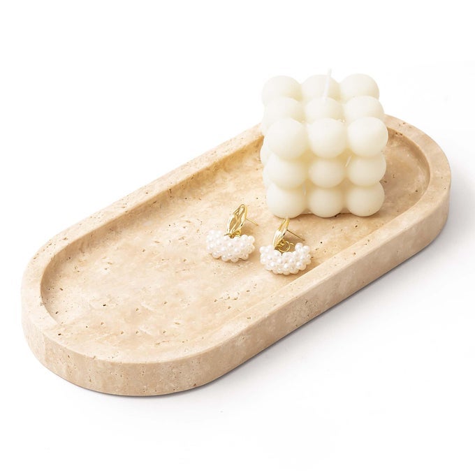 ITALY NATURAL TRAVERTINE STONE TRAY FOR JEWELRY CANDLES PERFUME TRINKET MARBLE OVAL VANITY TRAYS FOR BATHROOM DRESSER KITCHEN COUNTERTOP STORAGE ORGANIZER FOR HOME DECOR BEIGE WH028