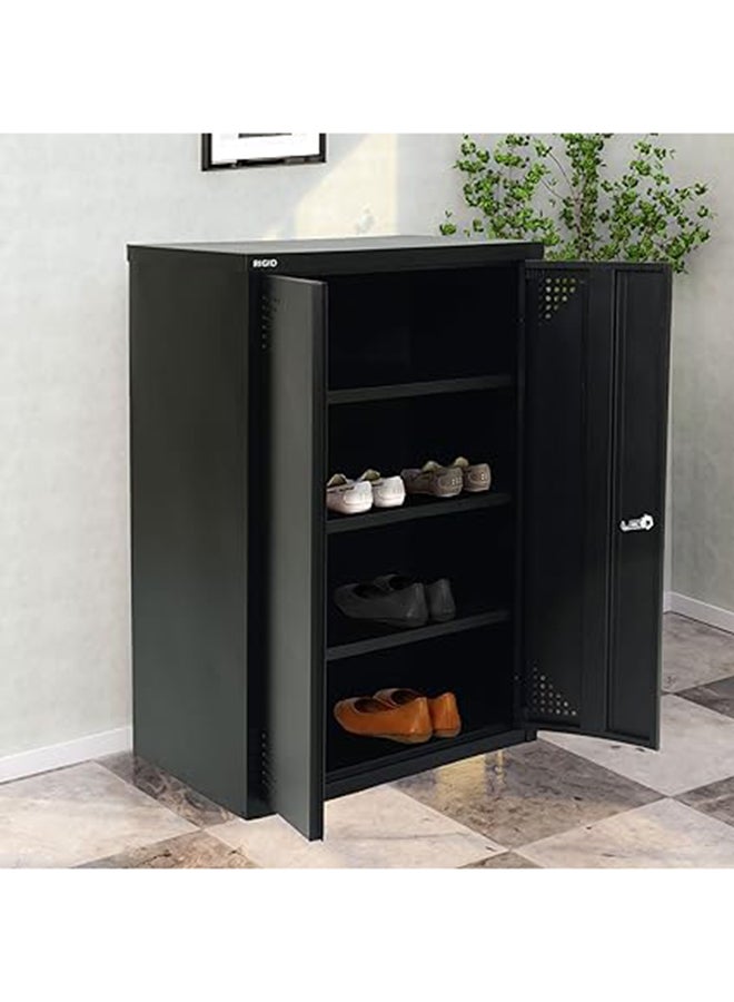 RIGID Steel Shoe Rack with Doors 3 Shelves Storage Cabinet with Ventilation Holes Pre- Assembled, Round Cam Lock with 2 Keys Shoe Storage Unit - Home, Office, Living Room(90H * 60W * 40D)(Black) - Image 1