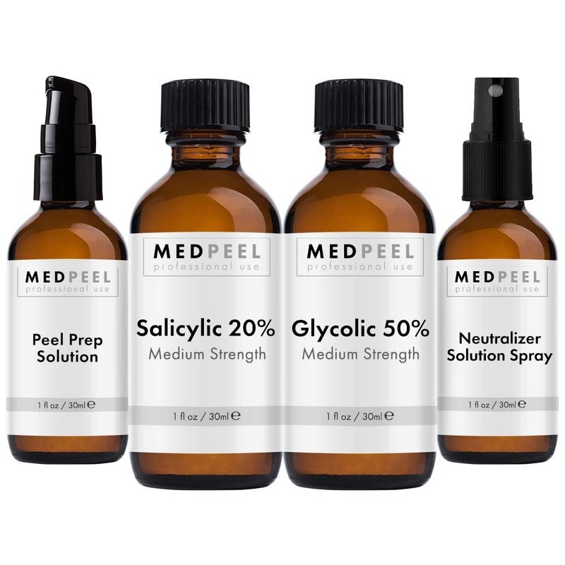 MedPeel Alpha  Beta Hydroxy Acid Essential Peel Kit 20 Salicylic and 50 Glycolic Includes 2 Peels Prep and Neutralizer Medium Strength Chemical Face Peels 1oz30ml Kit of 4