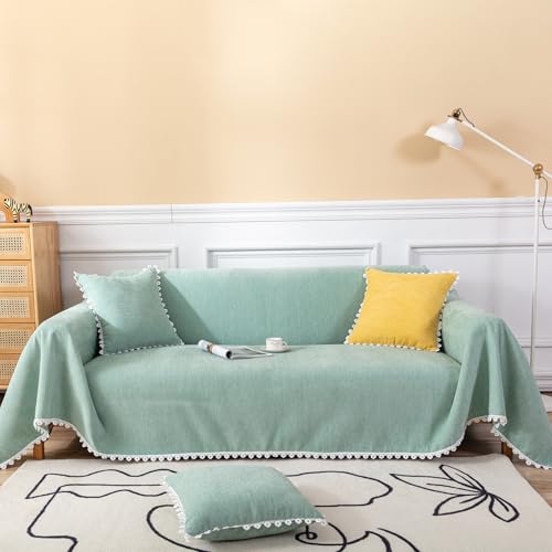 HANDONTIME Cute Sofa Covers Light Green Couch Covers for 3 Cushion Couch Sofa with White Daisy Lace Green Sofa Slipcovers Chenille Couch Cover for Dogs Sectional Sofa L Shape Futon Cover, 71" X118" - Image 1