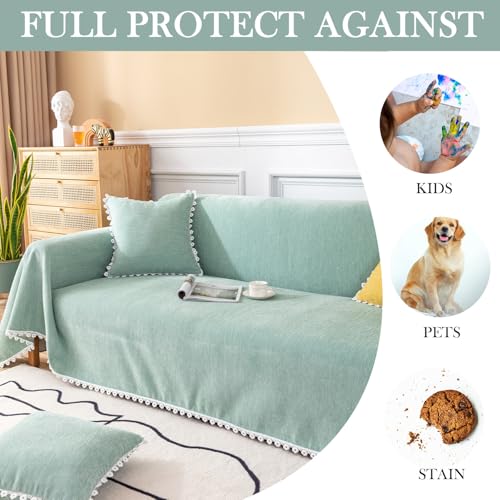 HANDONTIME Cute Sofa Covers Light Green Couch Covers for 3 Cushion Couch Sofa with White Daisy Lace Green Sofa Slipcovers Chenille Couch Cover for Dogs Sectional Sofa L Shape Futon Cover, 71" X118" - Image 3