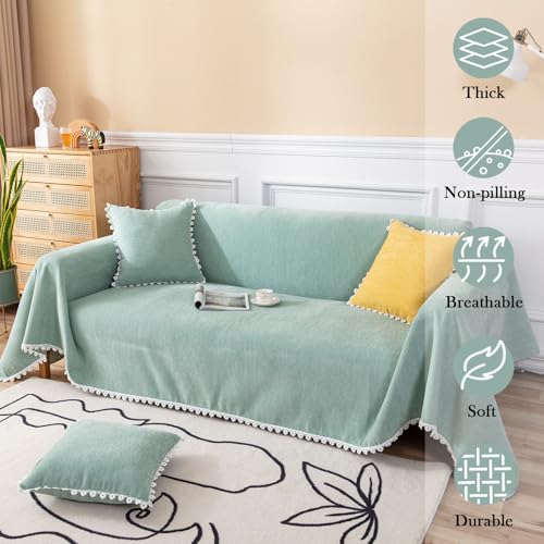 HANDONTIME Cute Sofa Covers Light Green Couch Covers for 3 Cushion Couch Sofa with White Daisy Lace Green Sofa Slipcovers Chenille Couch Cover for Dogs Sectional Sofa L Shape Futon Cover, 71" X118" - Image 2