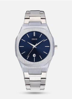 Silver with blue dial