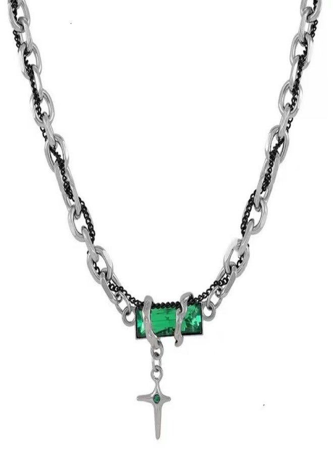 FFZDENA Healing Emerald Green Crystal Necklace With Cross Pendant – Chain For Man, Waterproof Gothic Titanium Steel Jewelry, Locket For Men Stylish, Spiritual Energy Gem For Women & Men, Idea Gift - Image 1
