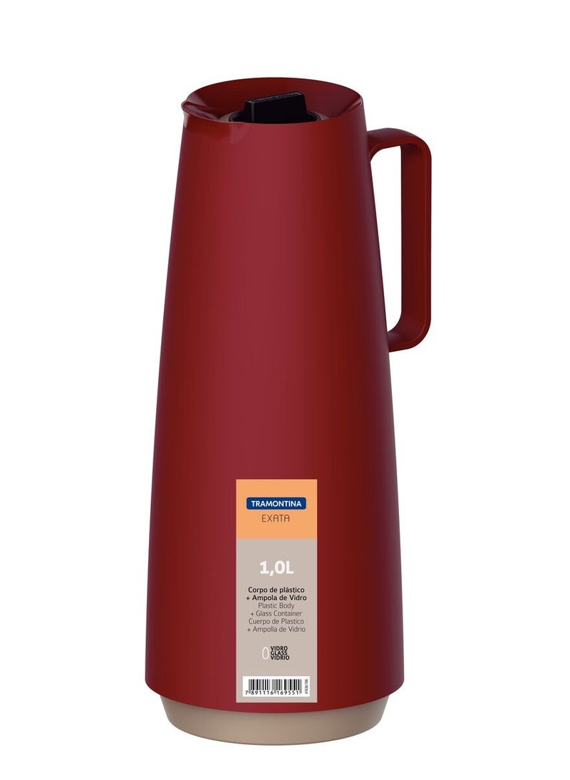 TRAMONTINA - Since 1911,Made in Brazil-  Exata Red Plastic Thermal Flask with 1 Liter Glass Liner - Image 1