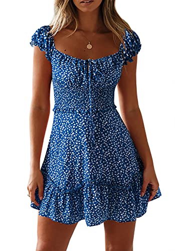 YOBECHO Womens Summer Sexy Sweetheart Collar Printed Ruffle Mini Dress Blue - Image 1