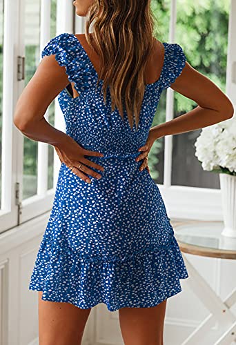 YOBECHO Womens Summer Sexy Sweetheart Collar Printed Ruffle Mini Dress Blue - Image 3