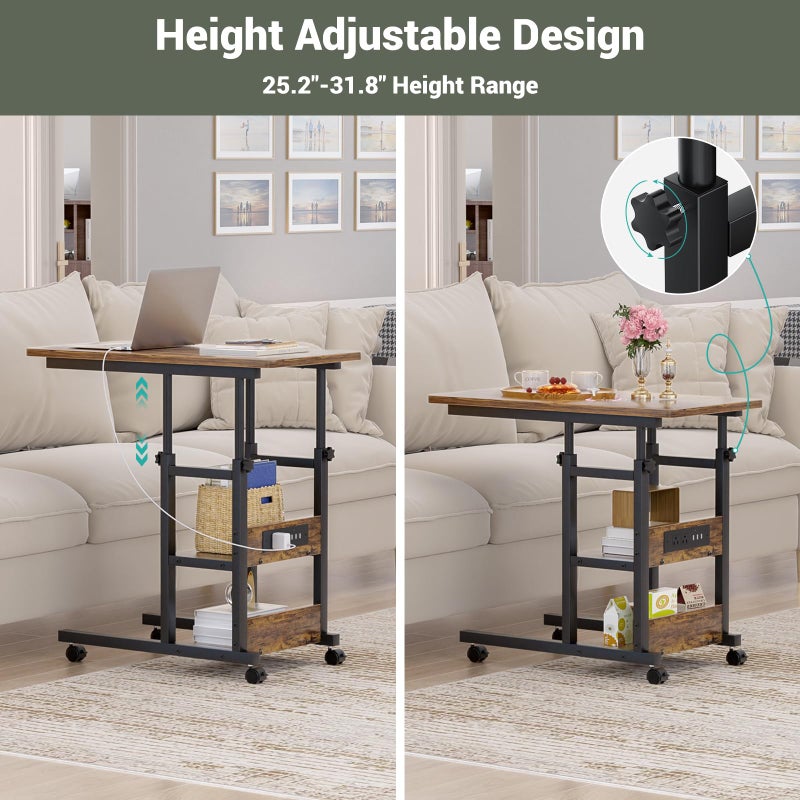 Besiost Height Adjustable End Table with Charging Station, Mobile C Shaped Laptop Side Table with Wheels, 3-Tier Sofa Couch Table with Storage Shelve for Living Room Bedroom, Rustic Brown - Image 2