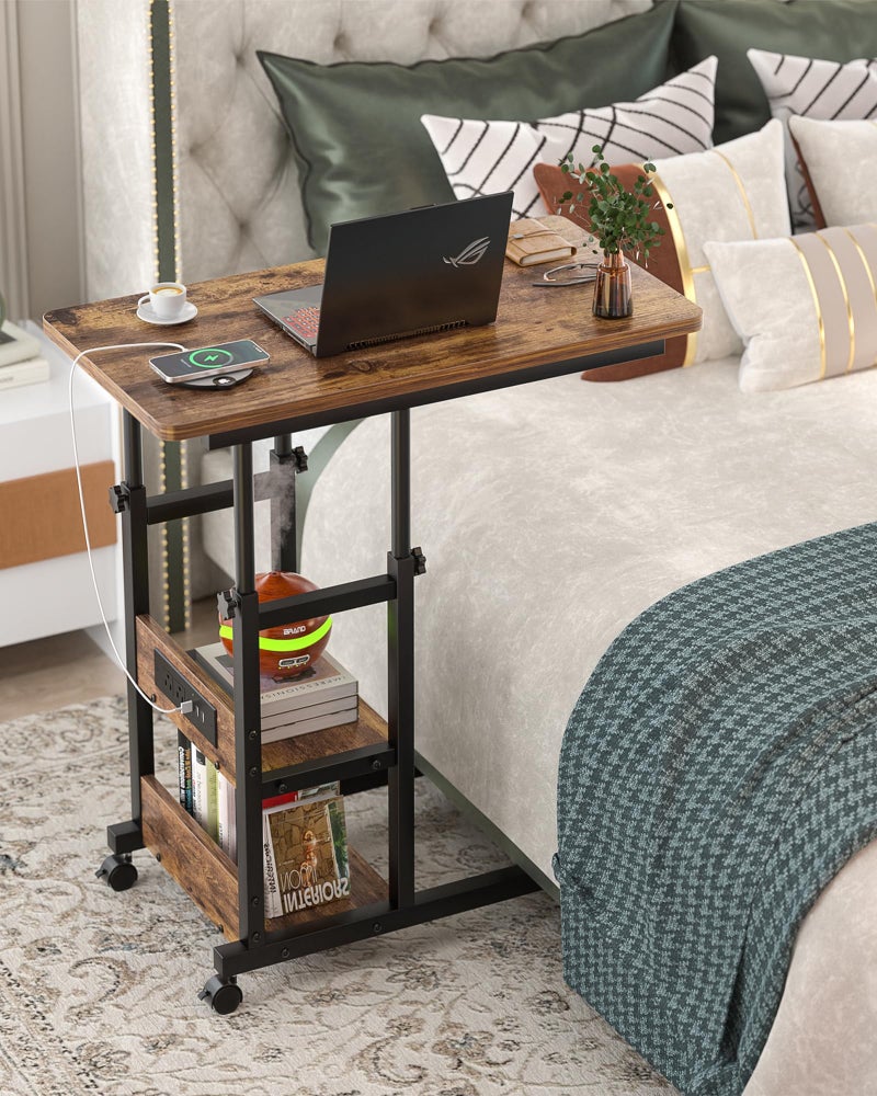 Besiost Height Adjustable End Table with Charging Station, Mobile C Shaped Laptop Side Table with Wheels, 3-Tier Sofa Couch Table with Storage Shelve for Living Room Bedroom, Rustic Brown - Image 1