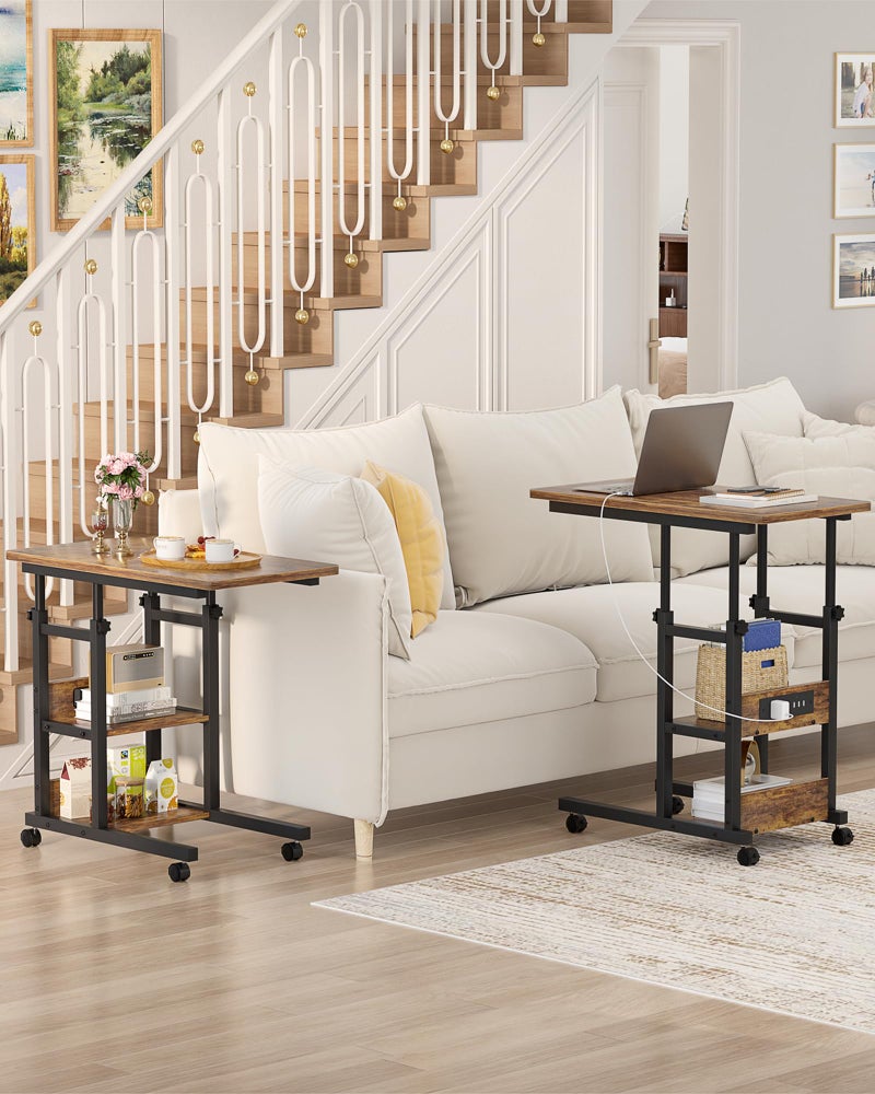 Besiost Height Adjustable End Table with Charging Station, Mobile C Shaped Laptop Side Table with Wheels, 3-Tier Sofa Couch Table with Storage Shelve for Living Room Bedroom, Rustic Brown - Image 4