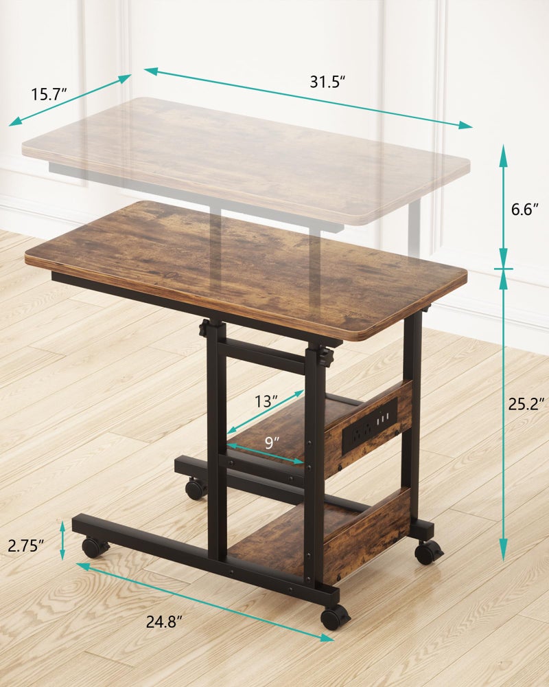 Besiost Height Adjustable End Table with Charging Station, Mobile C Shaped Laptop Side Table with Wheels, 3-Tier Sofa Couch Table with Storage Shelve for Living Room Bedroom, Rustic Brown - Image 3