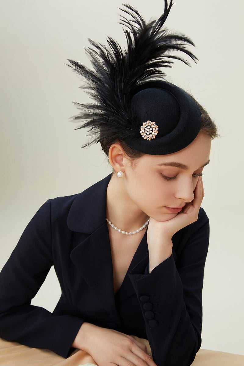 BABEYOND قبعة فاسيوناتر للنساء لحفلة الشاي وسباق كنتاكي قبعة بيليبوك ريش طاووس فاسيوناتر (أسود) - Image 4