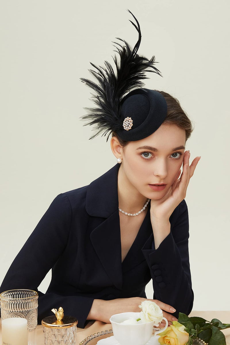 BABEYOND قبعة فاسيوناتر للنساء لحفلة الشاي وسباق كنتاكي قبعة بيليبوك ريش طاووس فاسيوناتر (أسود) - Image 5