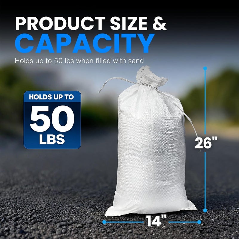 Tapix Heavy Duty Empty White Sandbags with Ties - 14" x 26" (100 Pack) for Flood Protection - Image 3