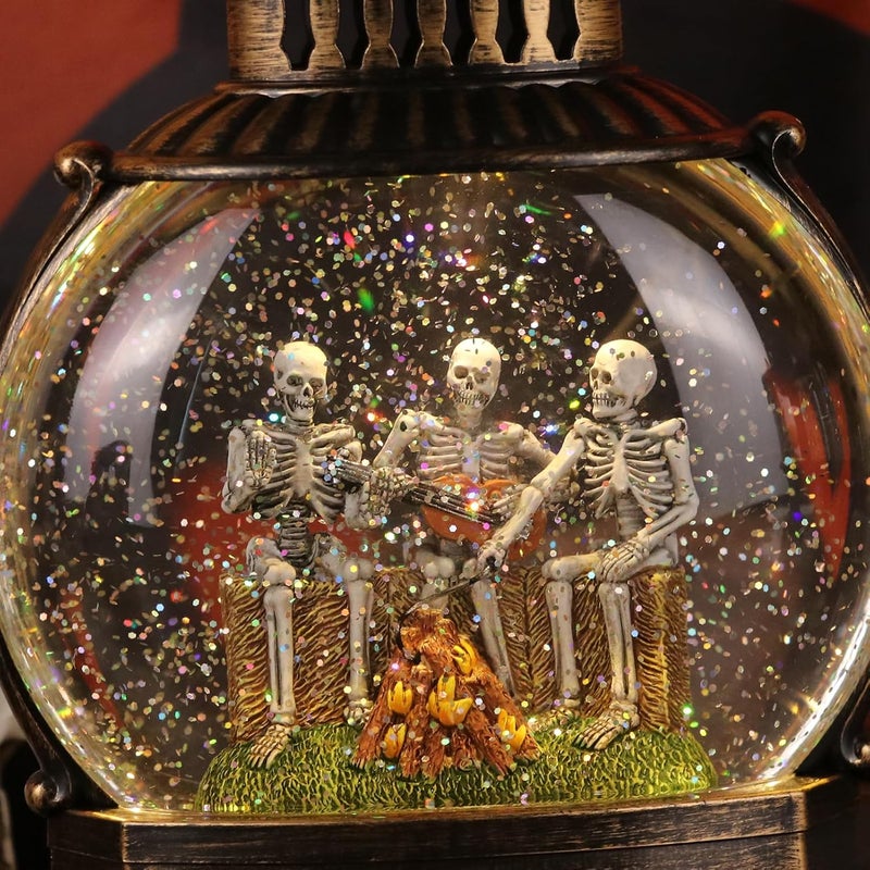 DRomance Halloween Skeleton Snow Globe Lantern with 6H Timer Battery Operated USB Powered Lighted Water Glitters Bronze Canteen Shaped Snow Globe Halloween Decoration Children Gift(6 x 3.2 x 11 Inch) - Image 3