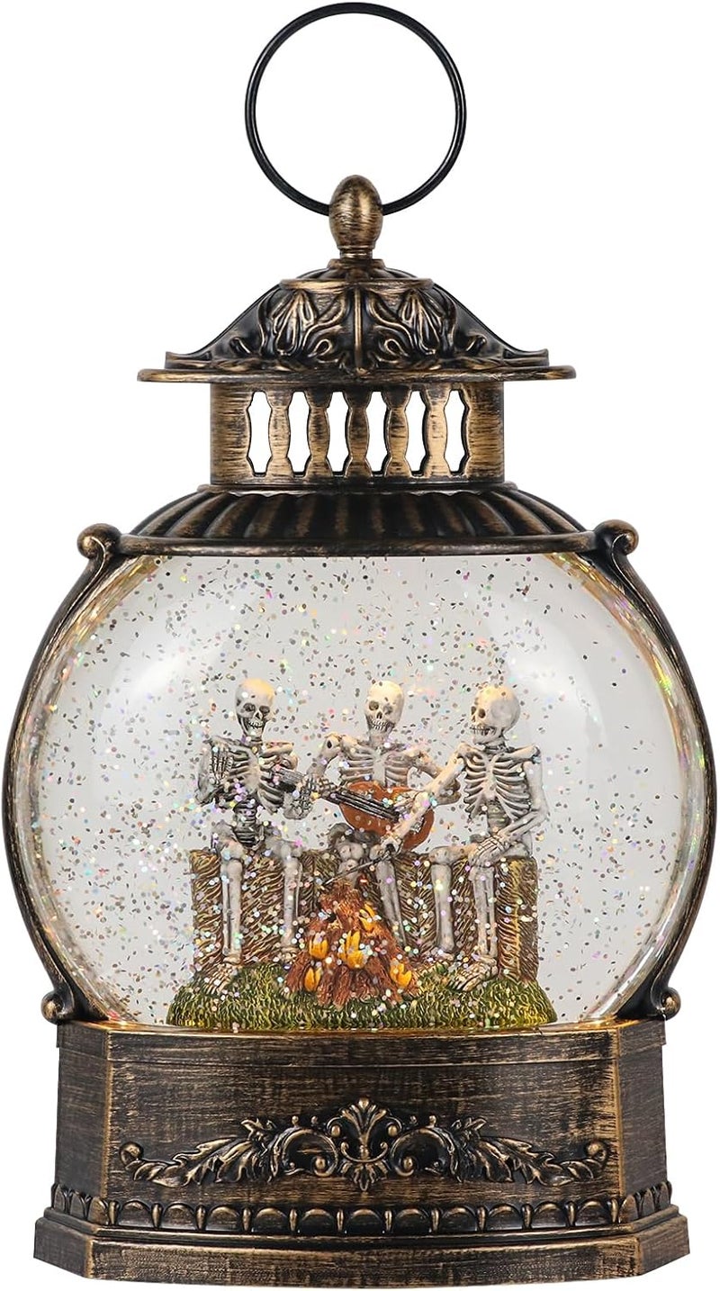 DRomance Halloween Skeleton Snow Globe Lantern with 6H Timer Battery Operated USB Powered Lighted Water Glitters Bronze Canteen Shaped Snow Globe Halloween Decoration Children Gift(6 x 3.2 x 11 Inch) - Image 1