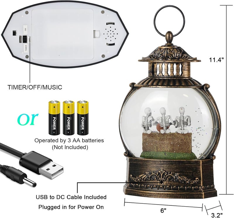 DRomance Halloween Skeleton Snow Globe Lantern with 6H Timer Battery Operated USB Powered Lighted Water Glitters Bronze Canteen Shaped Snow Globe Halloween Decoration Children Gift(6 x 3.2 x 11 Inch) - Image 2