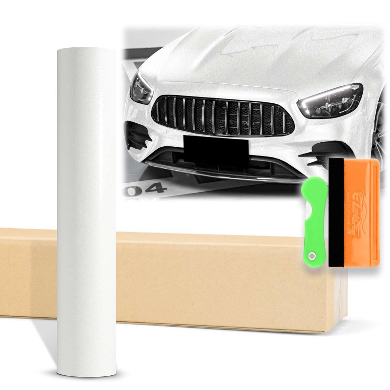 12x60 1FTx5FT Ceramic White Heavy Metal Diamond Glitter Gloss Ceramic White Metallic Vinyl Wrap Auto Car Sticker Decal Film Sheet Bubble Free Air Release Technology with Tool Kit