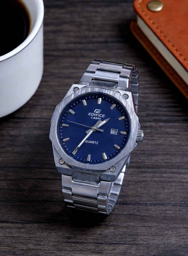 كاسيو CASIO EDIFICE 100 متر مقاوم للماء الحركة الكوارتز حزام من الفولاذ المقاوم للصدأ ساعة للرجال لوحة زرقاء - Image 2