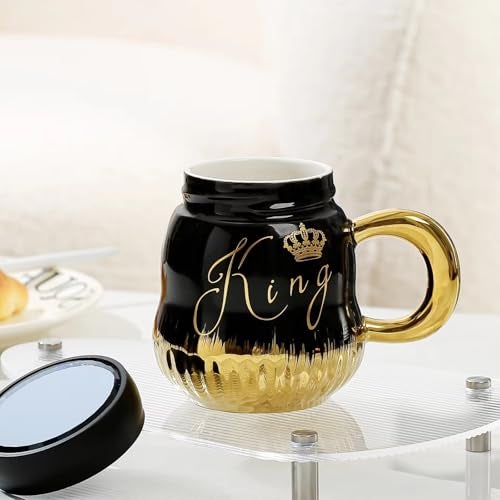 Wosta Ceramic Coffee Mug - King and Queen Coffee Cup for Anniversary Gift for Couple Special,Couple Gifts,Wedding & Engagement Gift for Couples,Coffee Mug with Lid,Marriage Gifts for Couples,400 ml - Image 4