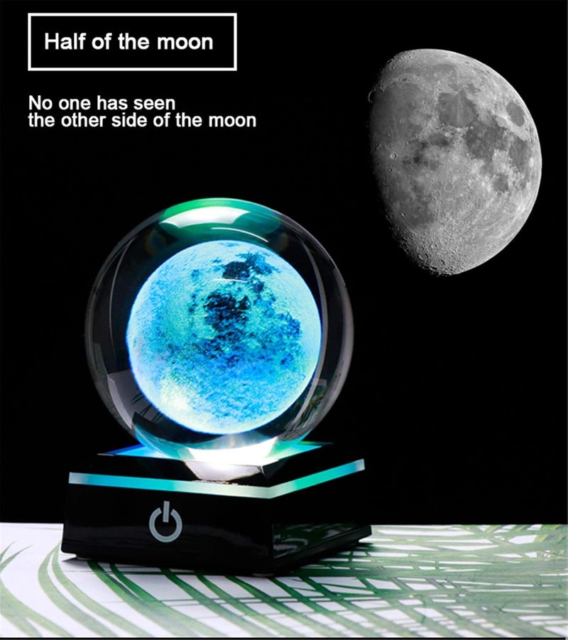 Qianwei 3D Moon Crystal Ball 80mm,Witchy Gifts Psychic Sphere Crystal Ball Amethyst Universe Crystal Ball 3.15"Laser Engraved with Led Lamp Stand Home Office Decor | 80mm 3.15" Glass Moon Lamp Decor Collectible Figurines Unique Birthday Sphere Gifts For Men Him Dad Physics Science Teacher - Image 2