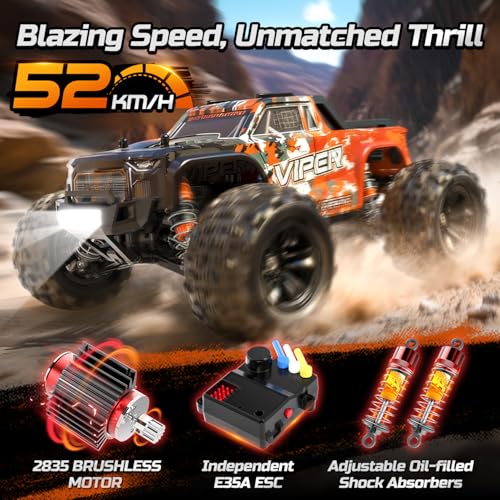 DEERC H16R Brushless Fast RC Cars,1:16 52KM/H High Speed Remote Control Car,4X4 All Terrains RC Monster Truck,Waterproof Off-Road Hobby Electric Vehicle Car Gift for Adults Boys,2 Li-ion Batteries - Image 2
