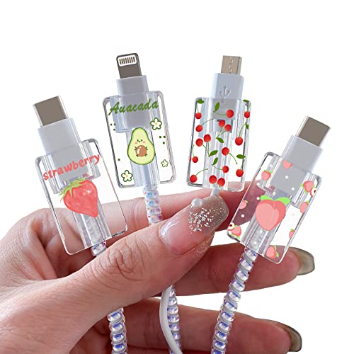 CameCosy Cute Fruit Cable Protector for iPhone Charger,Kawaii Avocado Pink Strawberry Cherry Peach Pattern 4pcs Set Phone Cable Protector,Charging Cord Protector,USB Charger Saver (Lightning Cable) - Image 1