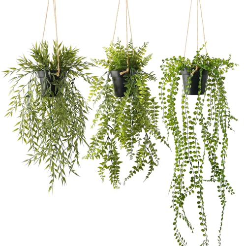 PENGYEE 3 Packs Fake Hanging Plants with Black Pots, 28" Artificial Hanging Plants for Wall Decor, Fake Fern Plants Mandala Vine Indoor/Outdoor for Home Bathroom Bedroom Kitchen Office Room Decor - Image 1