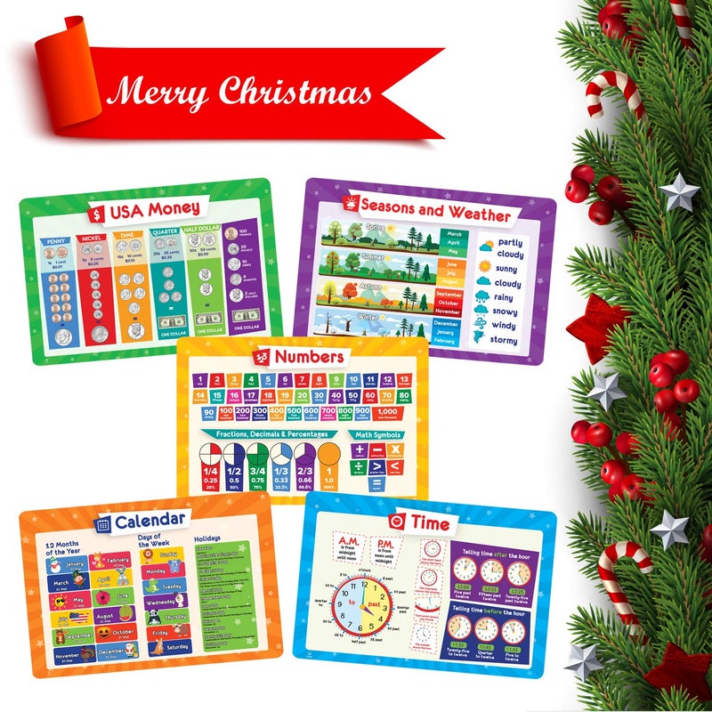 Simply Magic 5 Placemats for Kids - Kids Placemat Non Slip, Washable Reusable Toddler Place Mats, Educational Placemats: Money, Numbers, Weather and Seasons, Calendar, Time, Plastic Placemat for Kids - Image 2