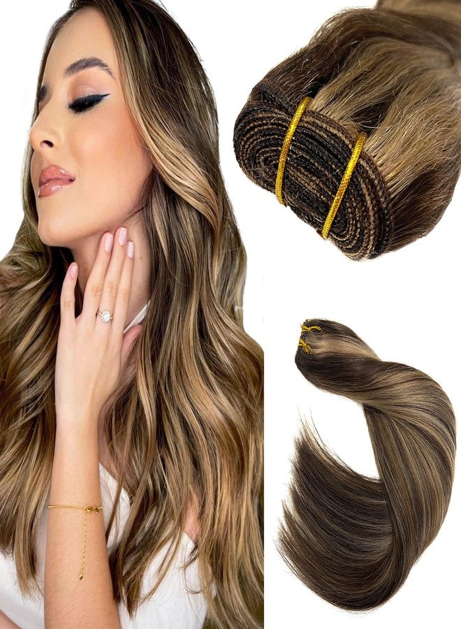 Ubetta Human Hair Weft Dark Brown Balayage Ash Brown Highlights Sew in Hair Extensions Real Human Hair 22 Inch 120G Weft Hair Extensions Remy Real Human Hair Bundles Weave Extensions for Women - Image 1