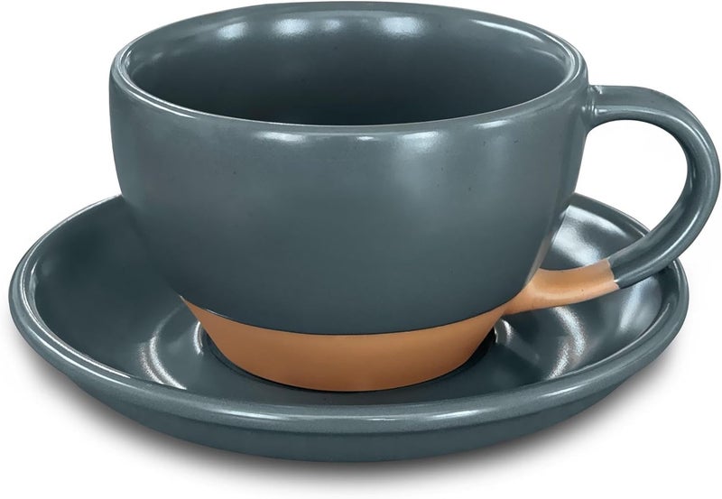 Mora Ceramic Latte Art Mug With Saucer  105 oz Round Bottom For Perfect Pours  Cafe Cups for Cappuccino Espresso Coffee Tea etc  Porcelain Set for Baristas Great Gift  Shadow Grey - Image 1
