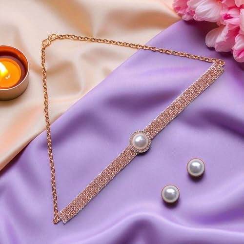ACCESSHER Rhinestone Statement Choker Necklace with Central Imitation Pearl | Adjustable Chain Link with Earrings for Gift | Jewellery Set for Women & Girls (Design 1) - Image 3