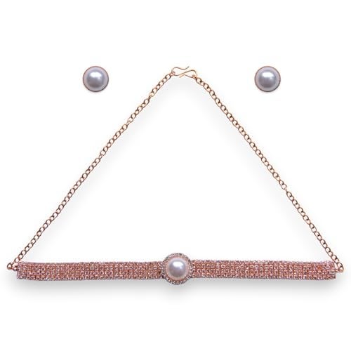 ACCESSHER Rhinestone Statement Choker Necklace with Central Imitation Pearl | Adjustable Chain Link with Earrings for Gift | Jewellery Set for Women & Girls (Design 1) - Image 1
