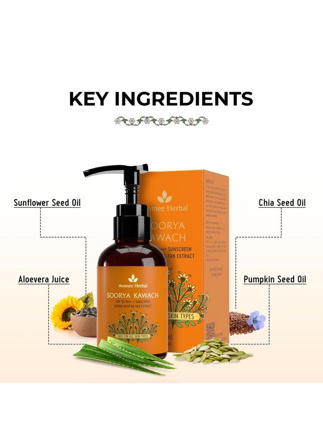 AVIMEE HERBAL - Soorya Kawach Spf 50 Pa ++++ Sunscreen Lotion With Detan Extract Broad Spectrum Uva Uvb & Blue Light Protection For Acne & Marks Free Skin 100 Ml - Image 1