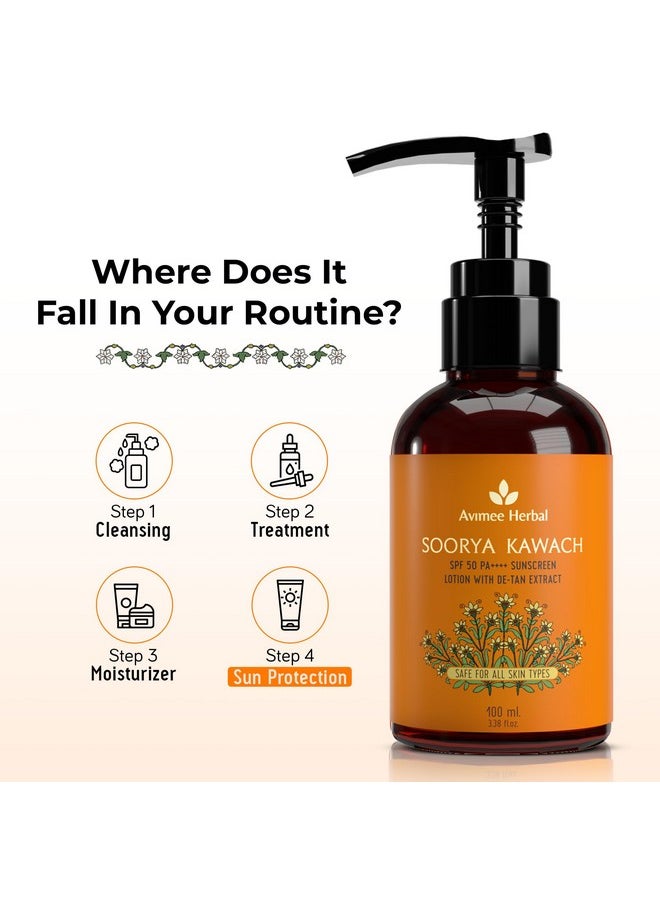 AVIMEE HERBAL - Soorya Kawach Spf 50 Pa ++++ Sunscreen Lotion With Detan Extract Broad Spectrum Uva Uvb & Blue Light Protection For Acne & Marks Free Skin 100 Ml - Image 1