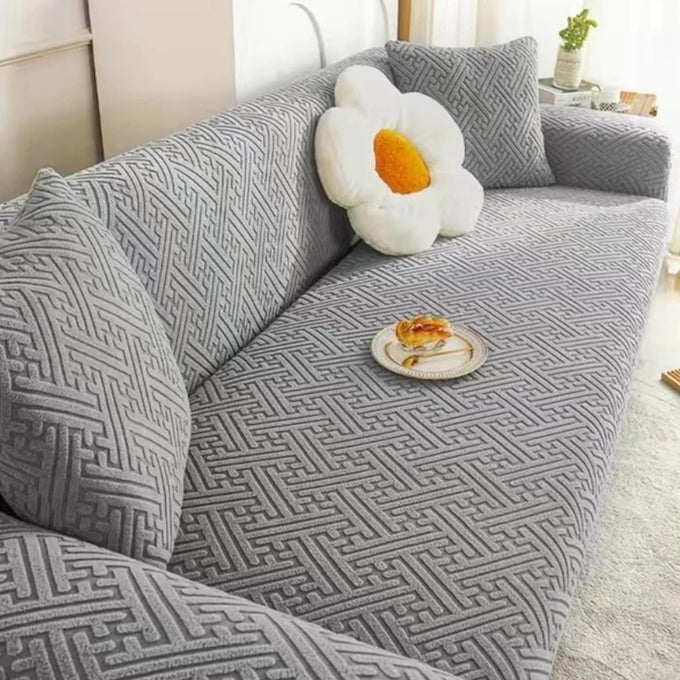 UNIVERSAL 3 SEATER JACQUARD SOFA COVER WITH 2 CUSHION COVERS SOFT TOUCHING FLEXIBLE STRETCH SLIPCOVER PASTEL DARK GREY GRID MAZESC10403180230CMS 220GSM